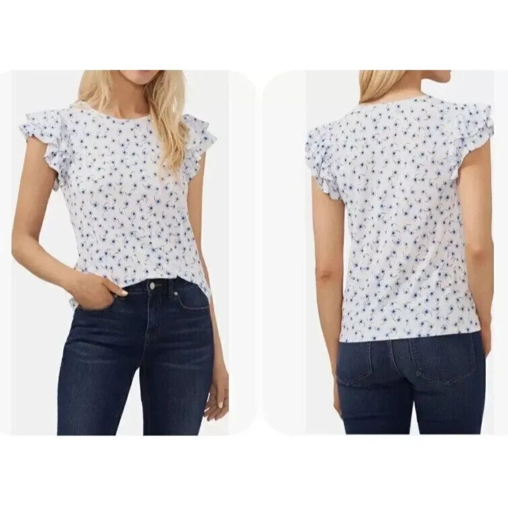 CeCe Womens Blouse Double Ruffled Sleeve Knit Top Blue Floral Print Size Large